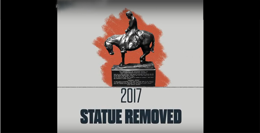 Text: 2017 Statue Removed
Image of Statue, Judge Begbie riding a horse, inscription on base of statue